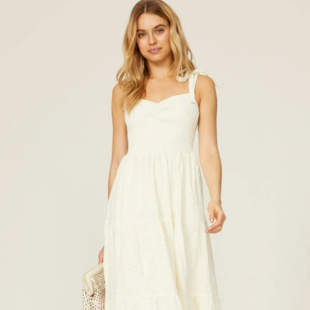 Madewell Tie Strap Lucie Smocked Midi Dress in White Eyelet L